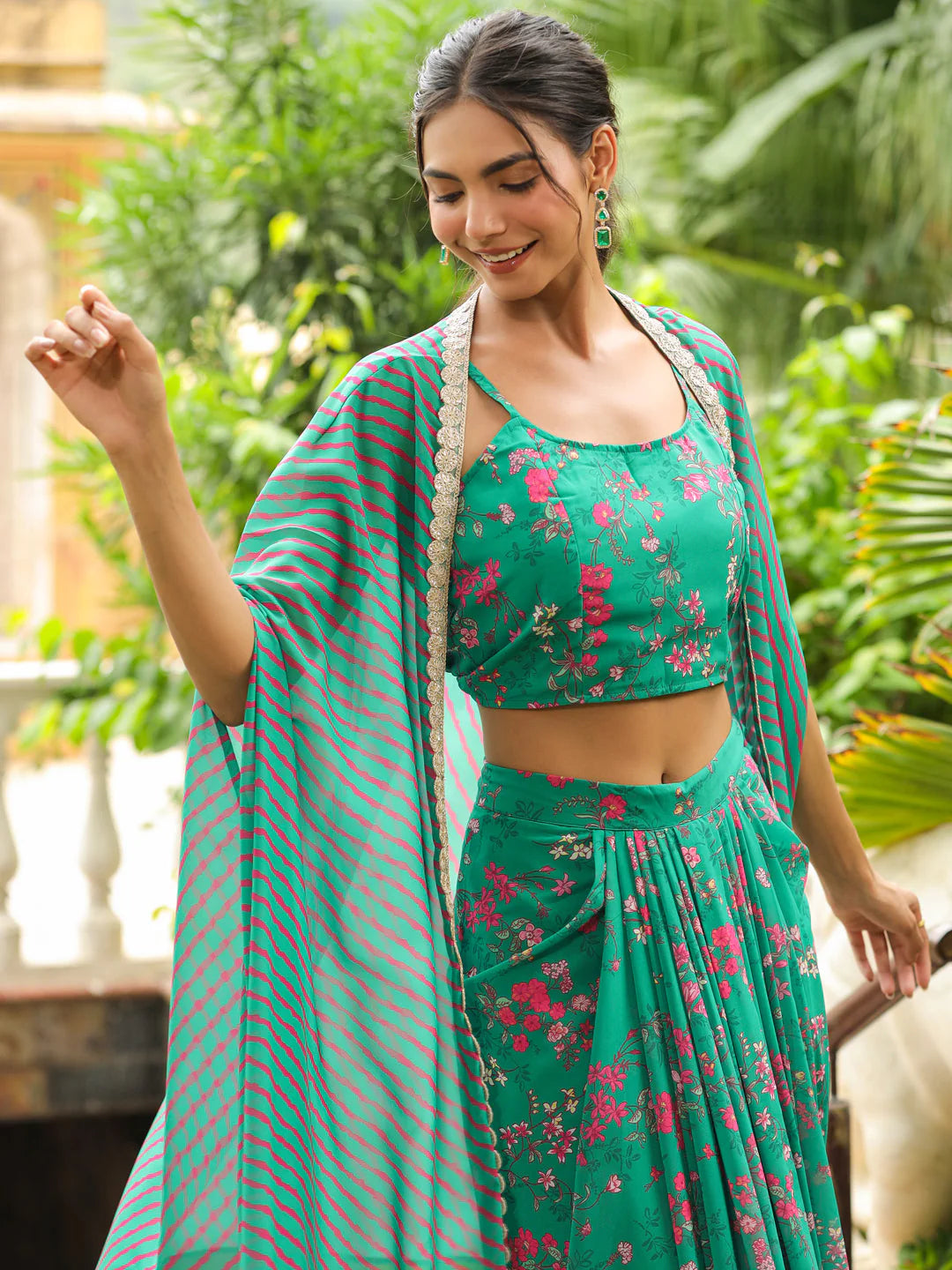 Kalamkari printed and pleated full volume skirt with Chikankari top Crop top paired with beautiful Georgett Green Laheriya dupatta