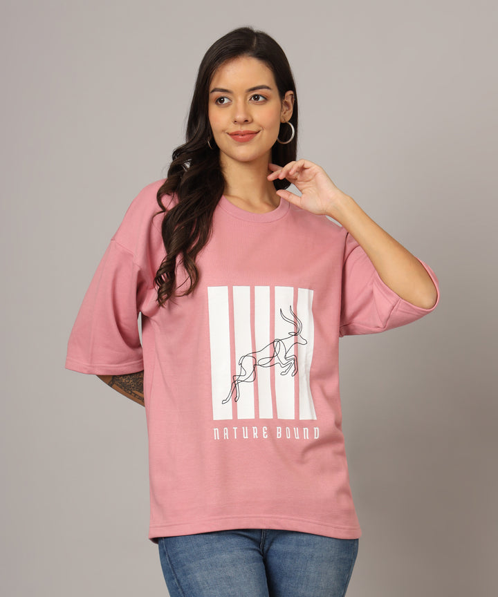 Flicksbee Women's Oversized Hot Pink T-Shirt Antelope Design - Nature Bound - Travel