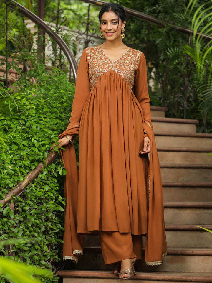 Brown Embroidery Georgette Yoke A-Line Kurta Set02