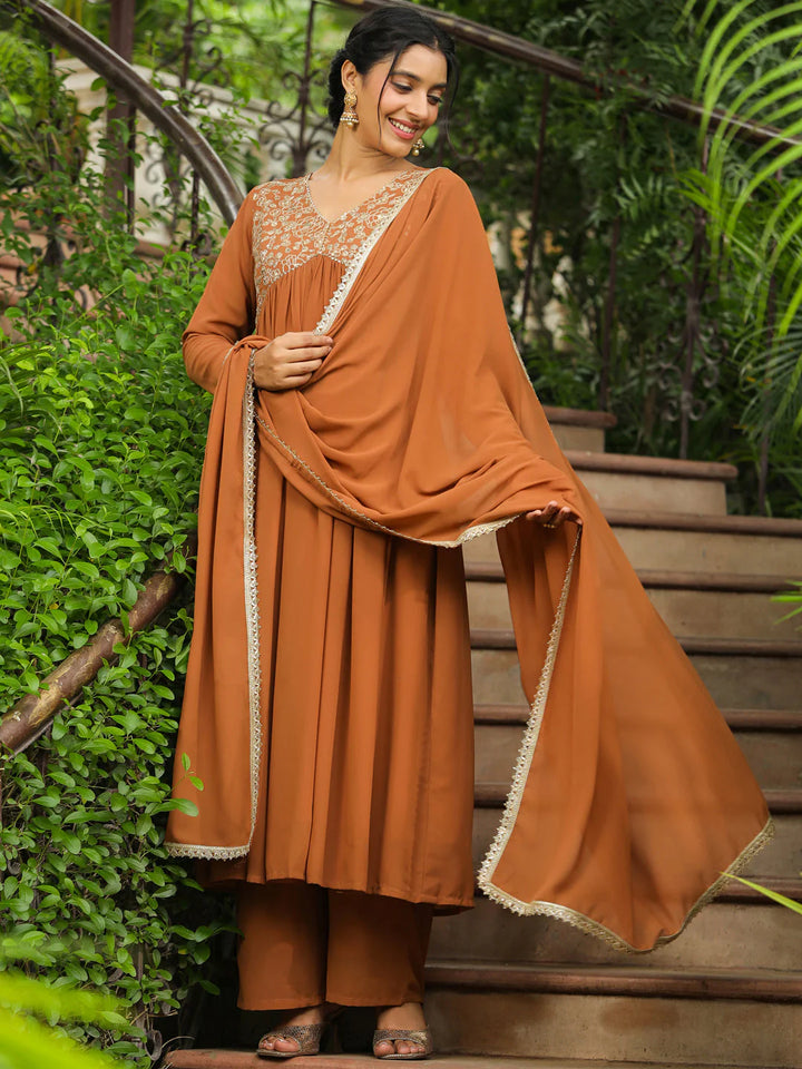 Brown Embroidery Georgette Yoke A-Line Kurta Set