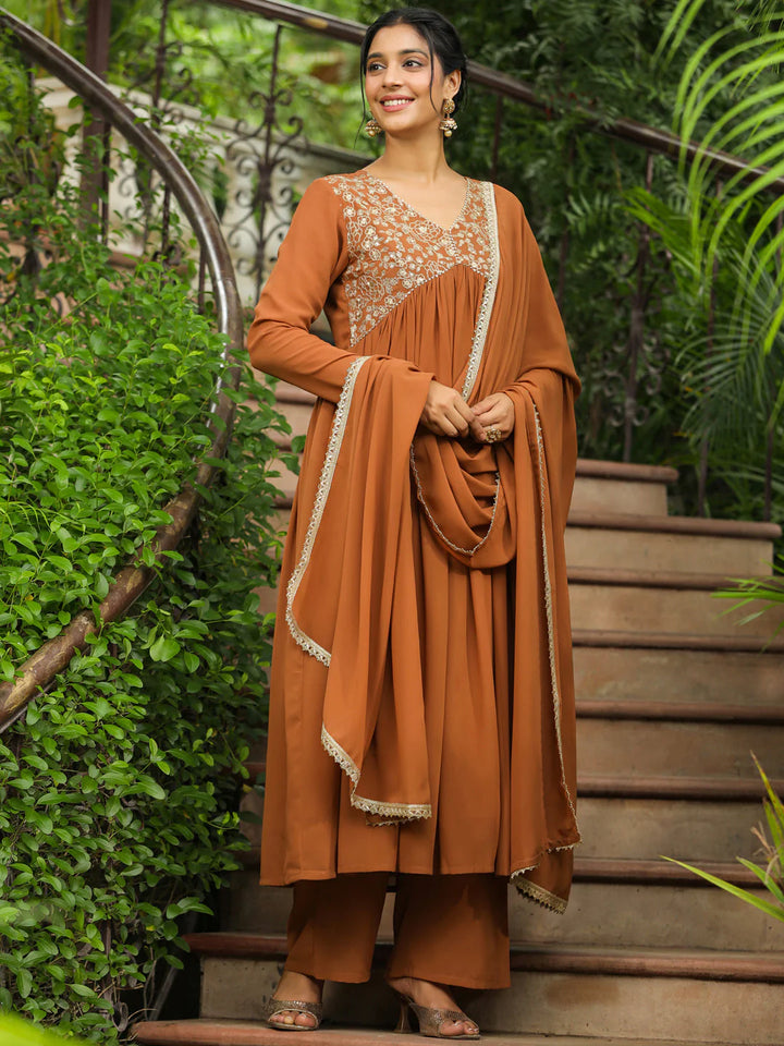 Brown Embroidery Georgette Yoke A-Line Kurta Set