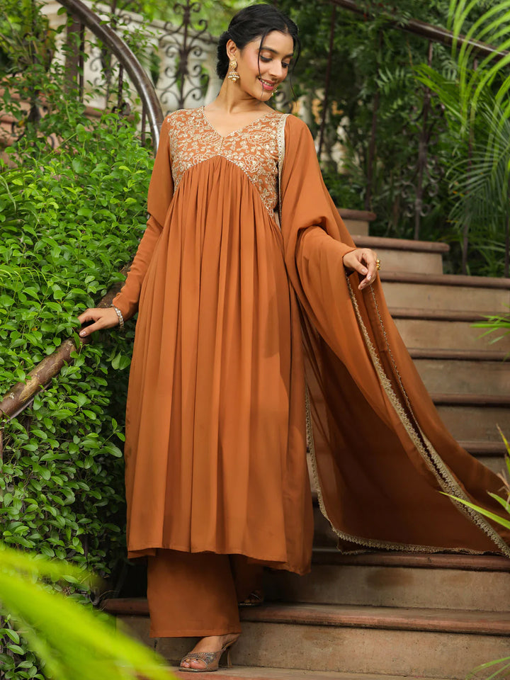 Brown Embroidery Georgette Yoke A-Line Kurta Set