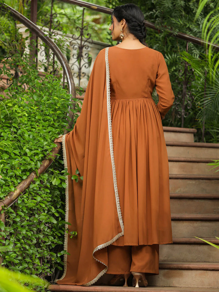 Brown Embroidery Georgette Yoke A-Line Kurta Set