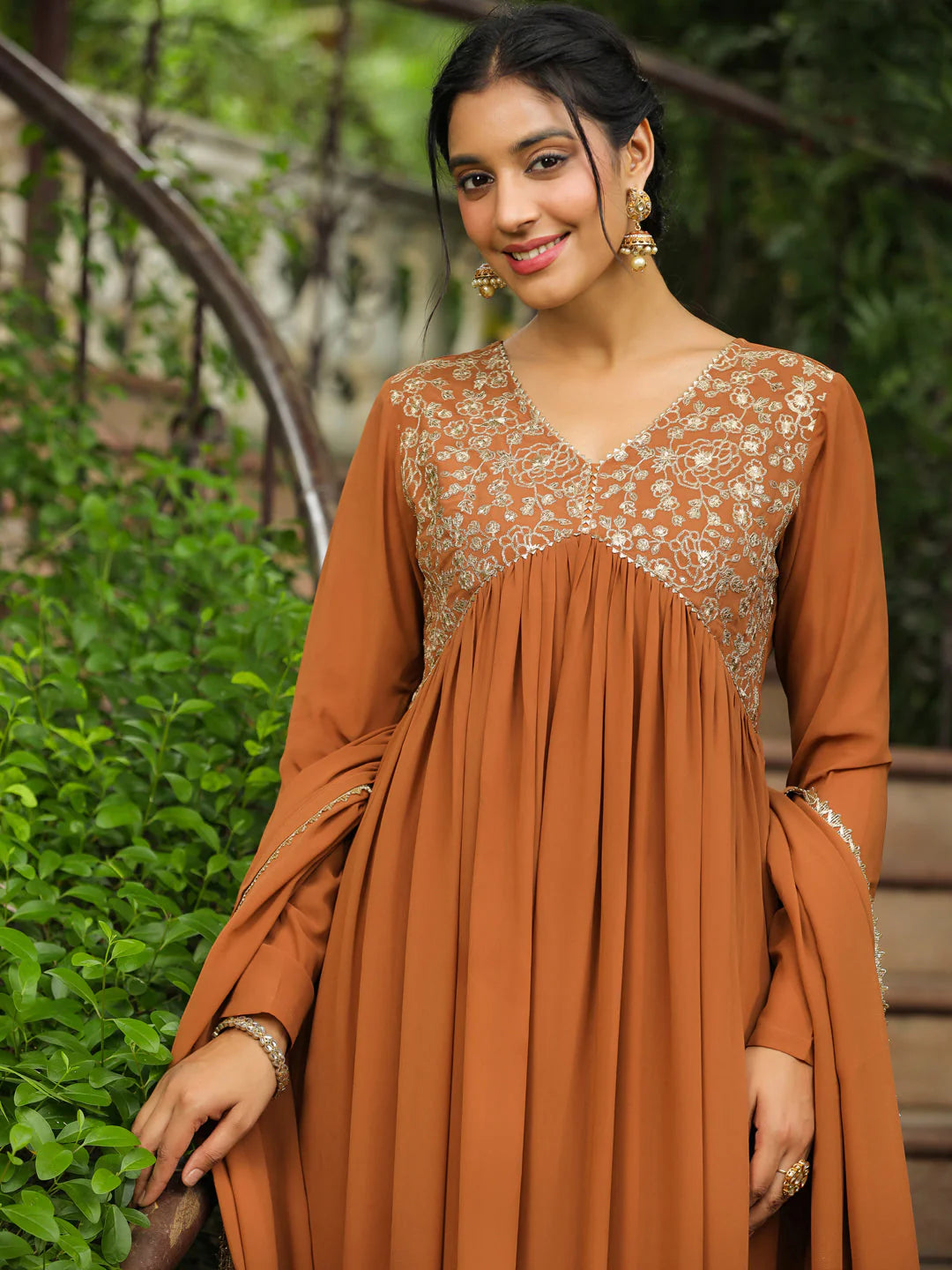 Brown Embroidery Georgette Yoke A-Line Kurta Set