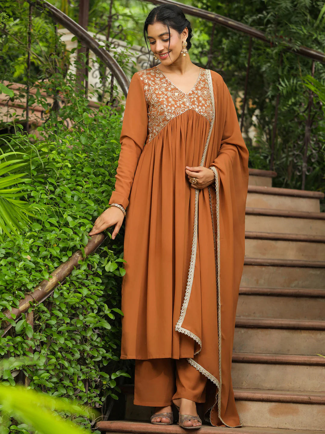 Brown Embroidery Georgette Yoke A-Line Kurta Set