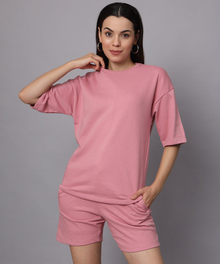 Flicksbee - Plain Premium Co-Ord Sets For Women Oversized T-shirt Hot-Pink 01