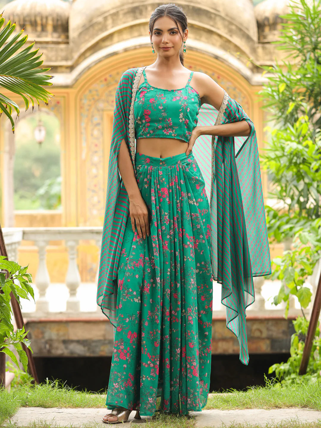 Green Floral Printed Georgette Pleated Skirt with Top and Cape Set