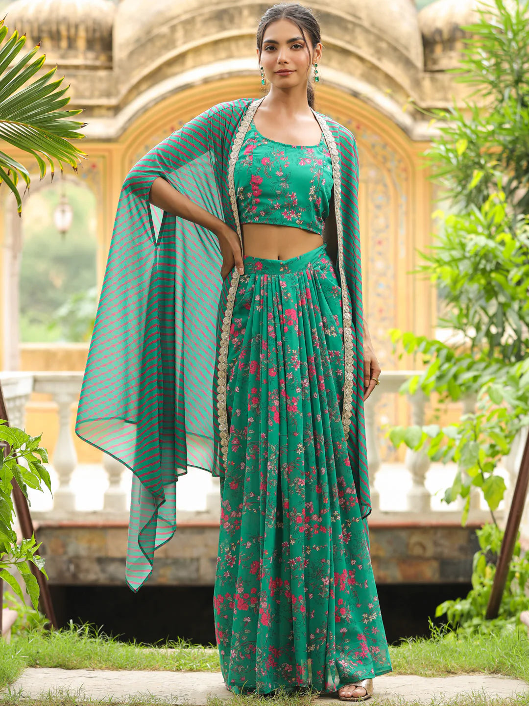 Green Floral Printed Georgette Pleated Skirt with Top and Cape Set