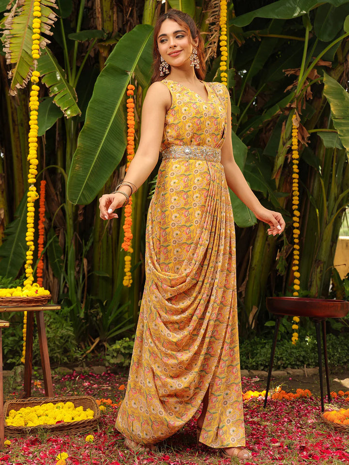 Mustard Floral Georgette Ready-to-WearDress Saree01