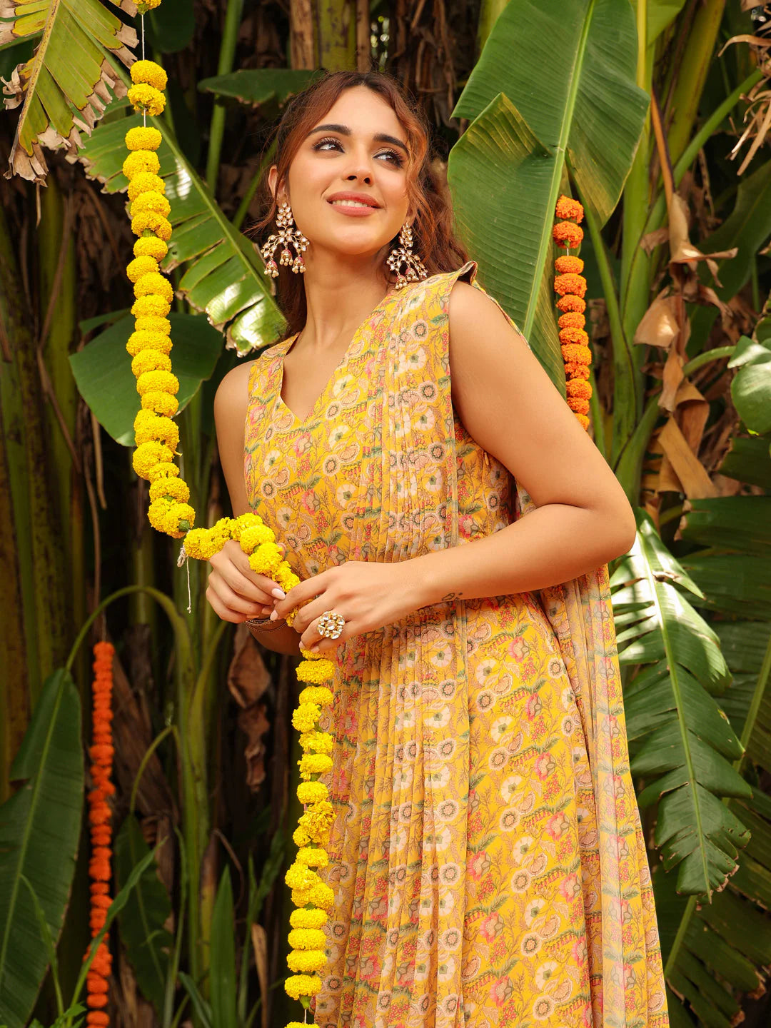 Mustard Floral Georgette Ready-to-Wear Dress Saree