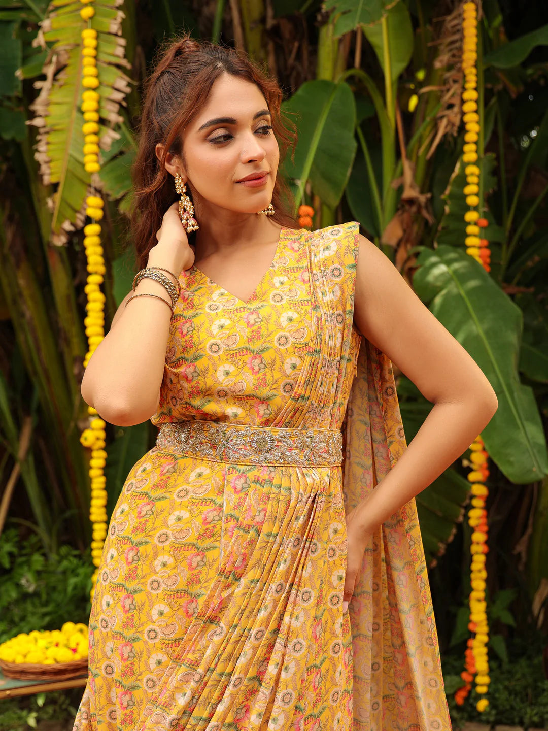 Mustard Floral Georgette Ready-to-Wear Dress Saree