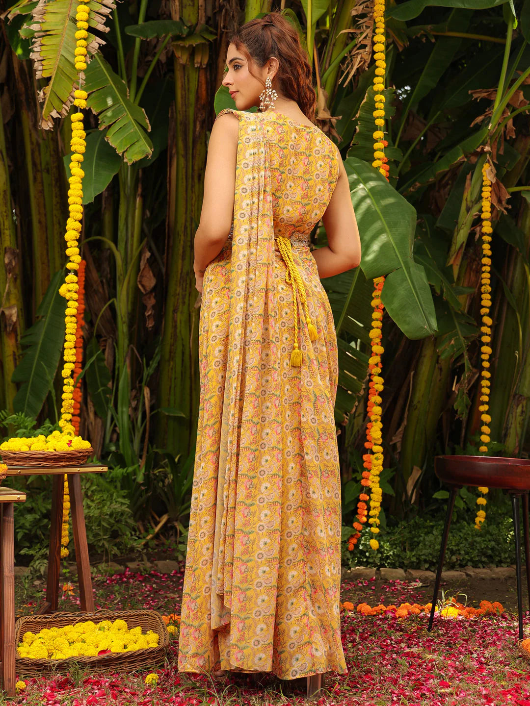 Mustard Floral Georgette Ready-to-Wear Dress Saree