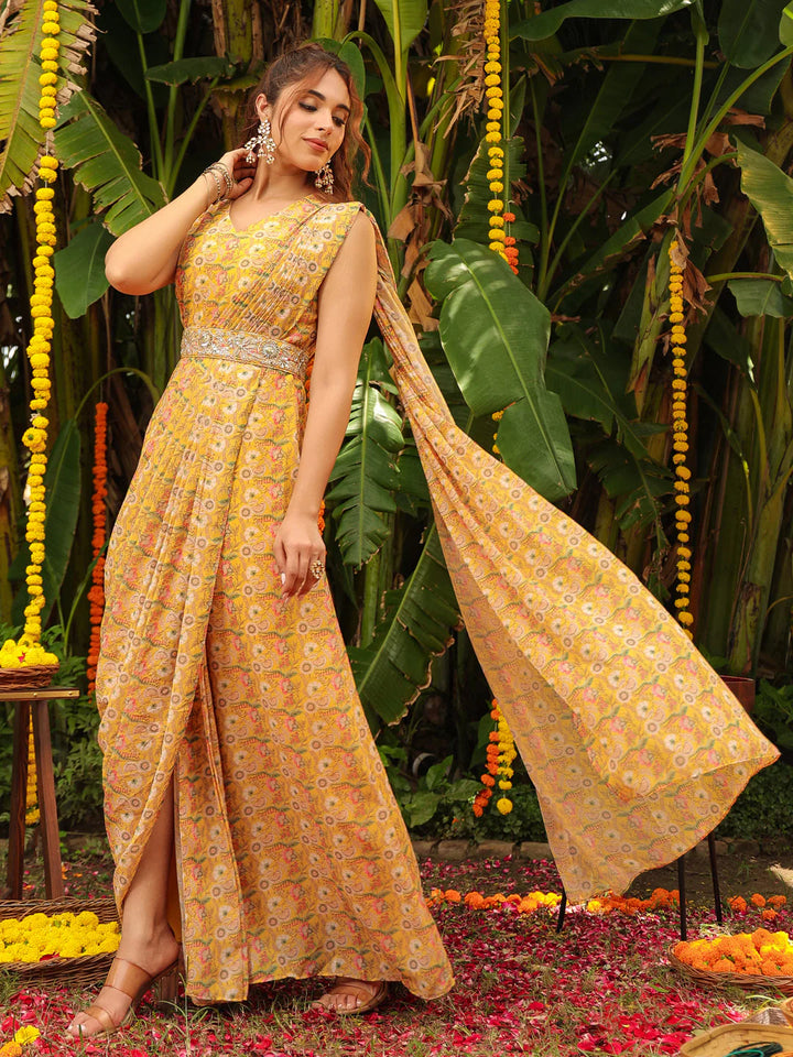 Mustard Floral Georgette Ready-to-Wear Dress Saree