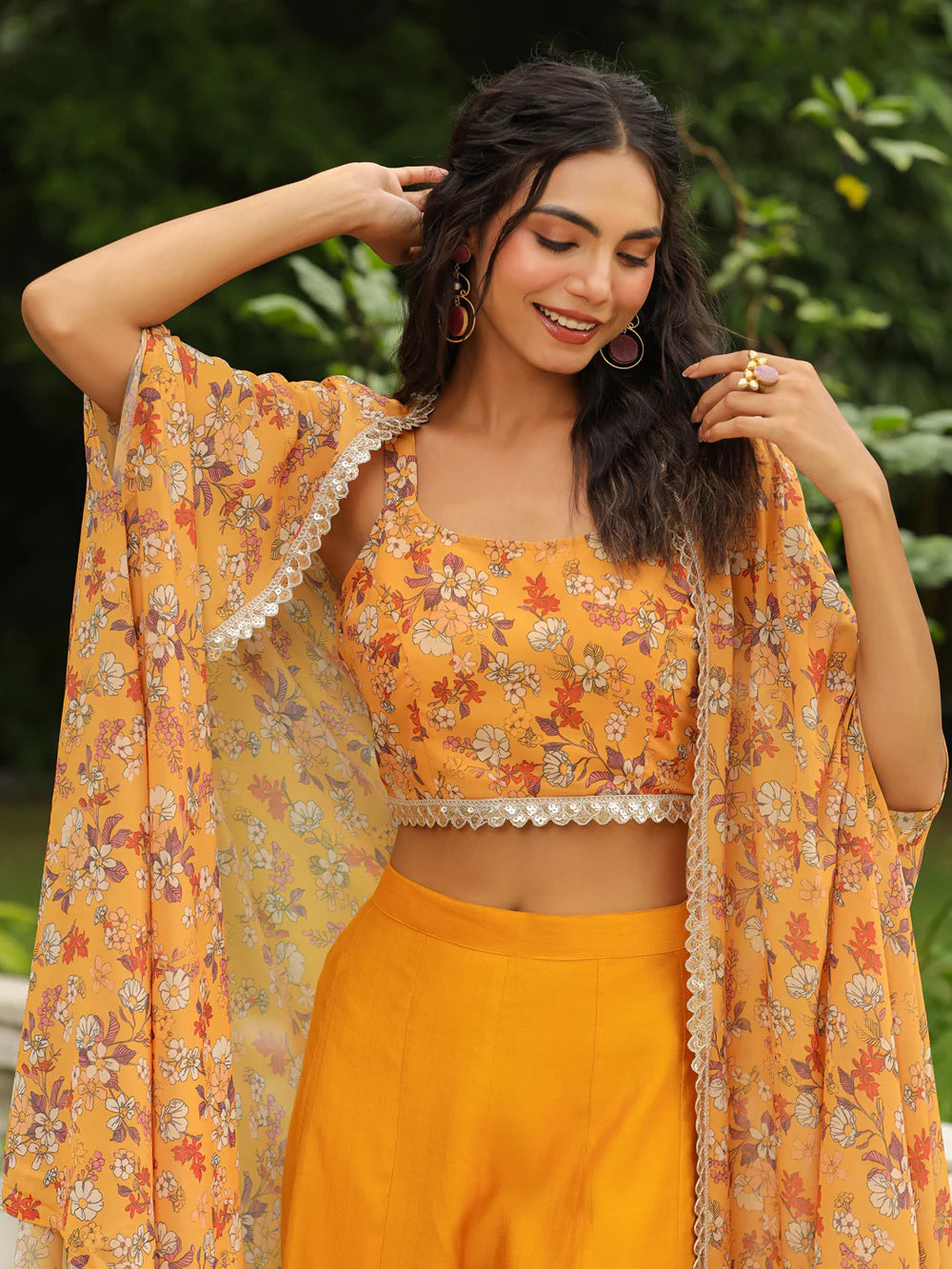 Mustard Floral Printed Georgette Top with Palazzo and Cape Set