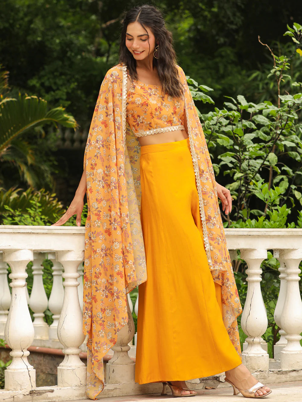 Mustard Floral Printed Georgette Top with Palazzo and Cape Set 02