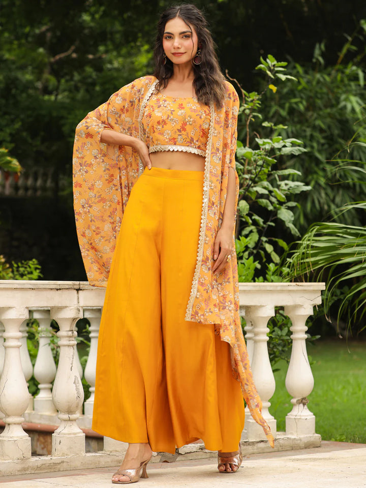 Mustard Floral Printed Georgette Top with Palazzo and Cape Set