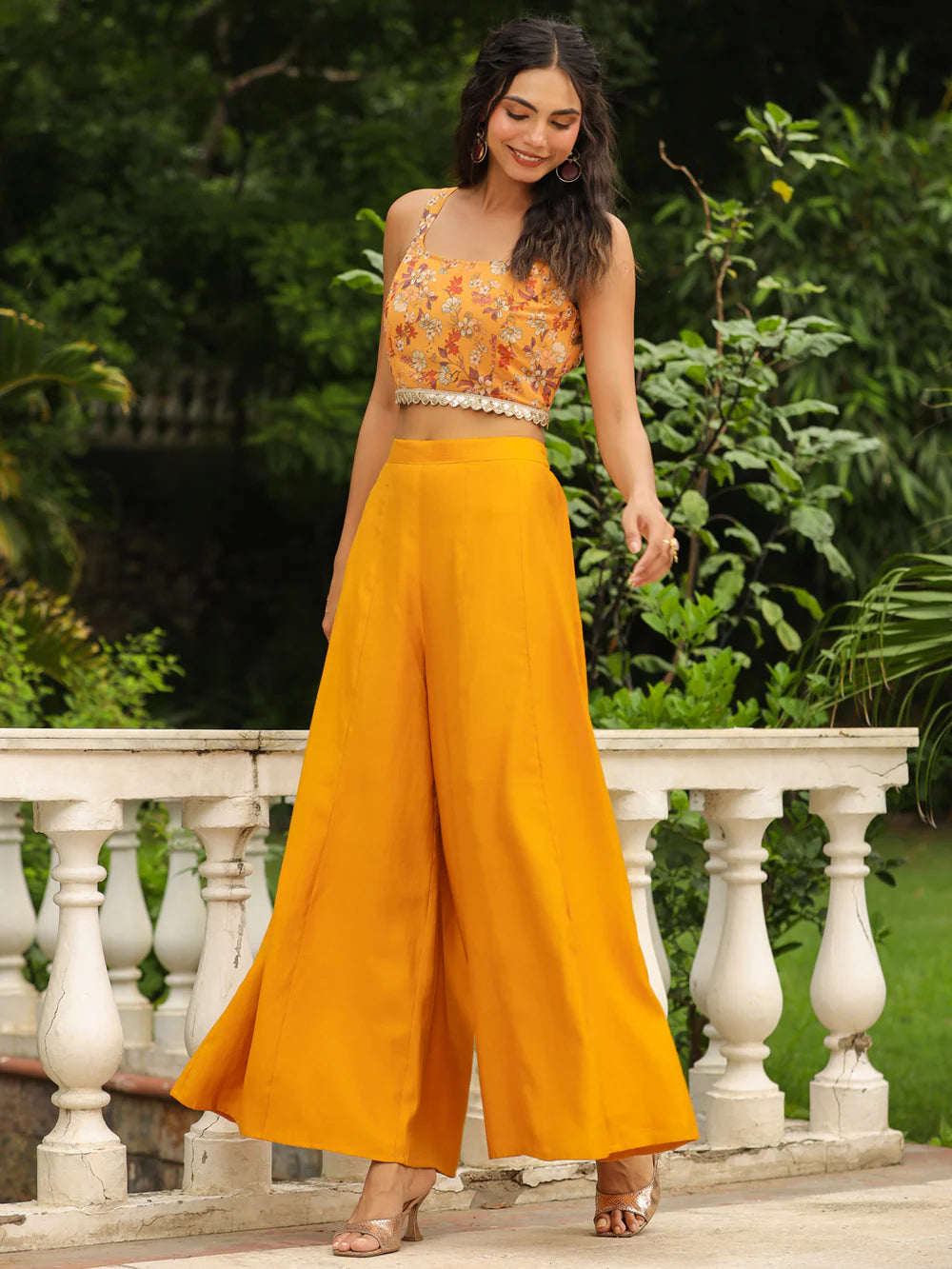 Mustard Floral Printed Georgette Top with Palazzo and Cape Set