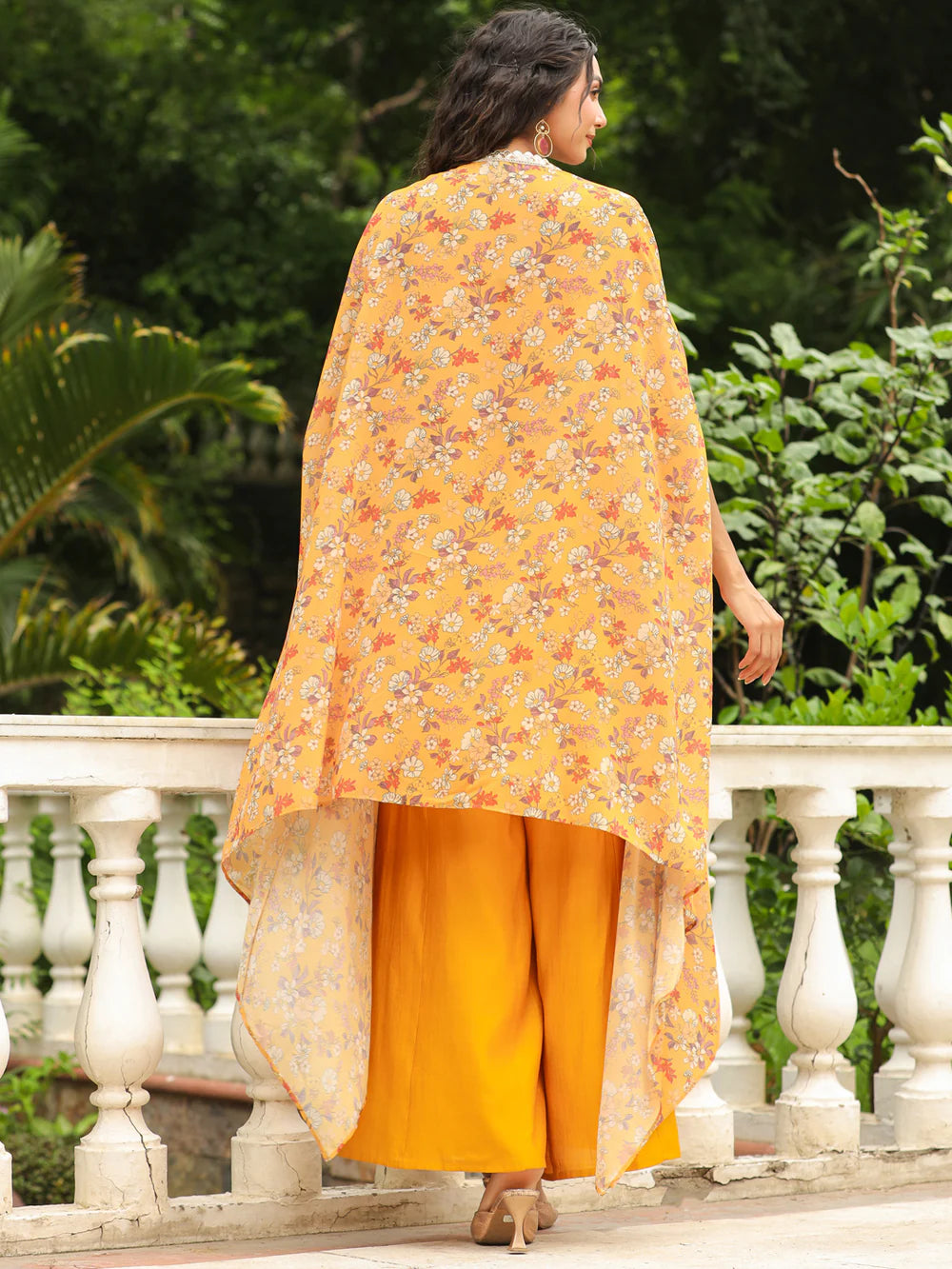 Mustard Floral Printed Georgette Top with Palazzo and Cape Set