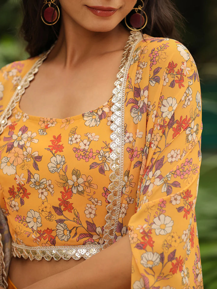 Mustard Floral Printed Georgette Top with Palazzo and Cape Set