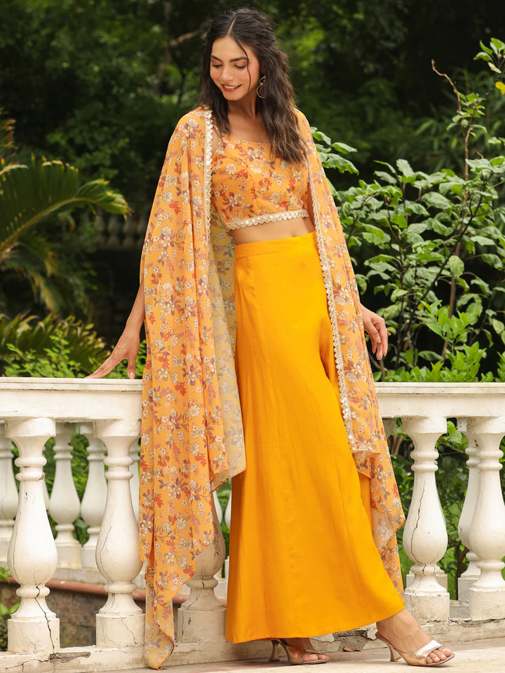 Mustard Floral Printed Georgette Top with Palazzo and Cape Set