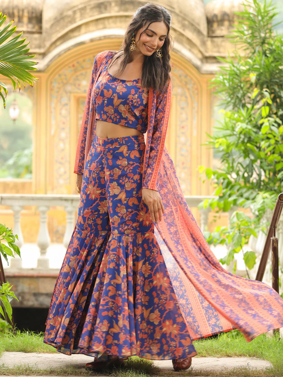 Navy Blue Georgette Floral Printed Co-Ord Set