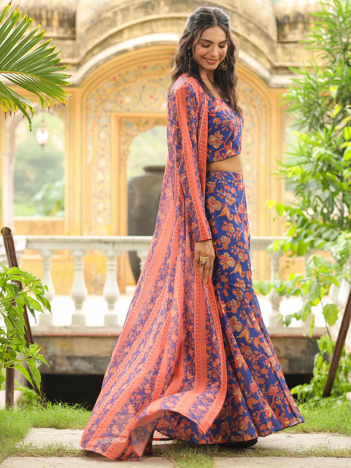 Navy Blue Georgette Floral Printed Co-Ord Set