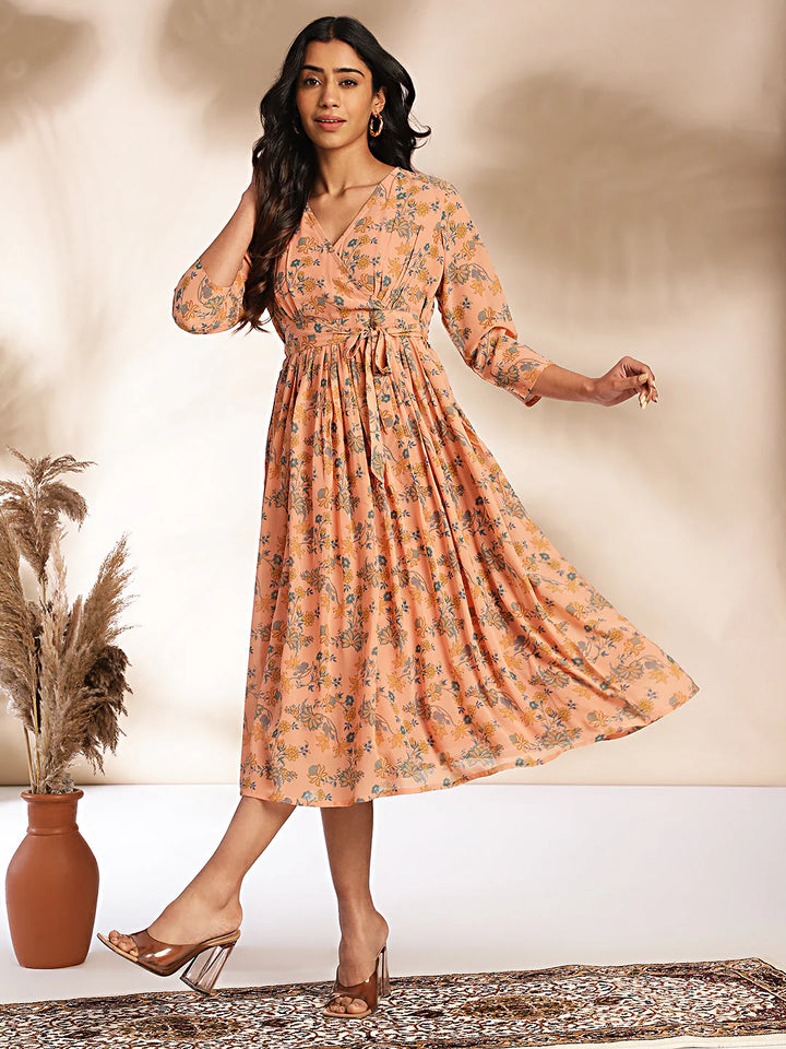 Peach Floral Fit & Flare Georgette Dress