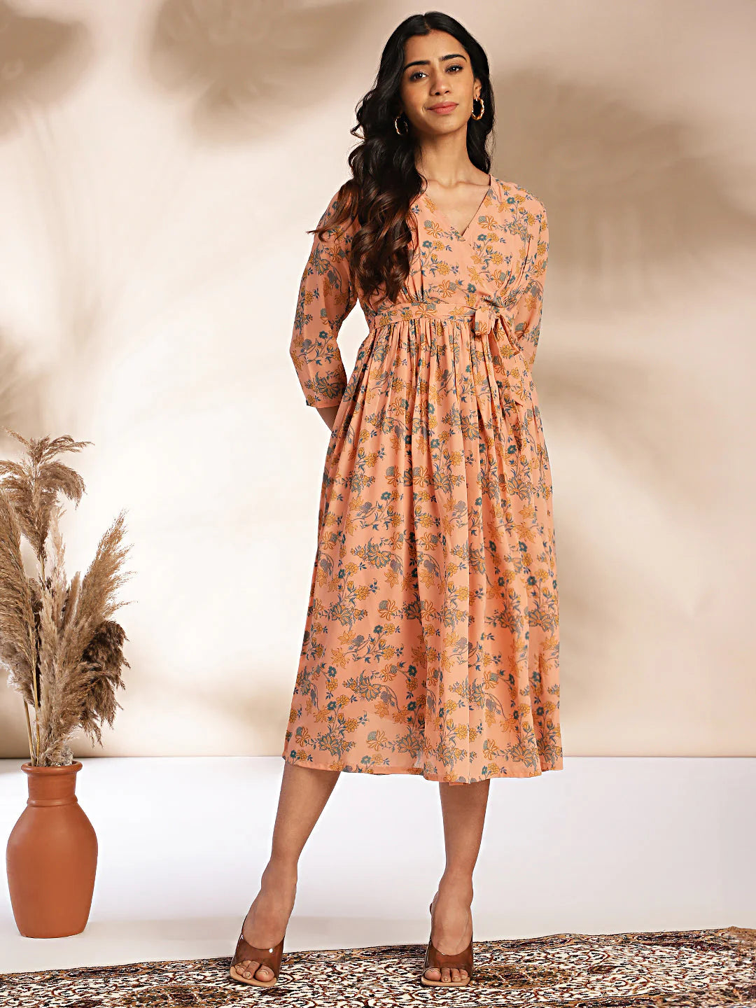 Peach Floral Fit & Flare Georgette Dress