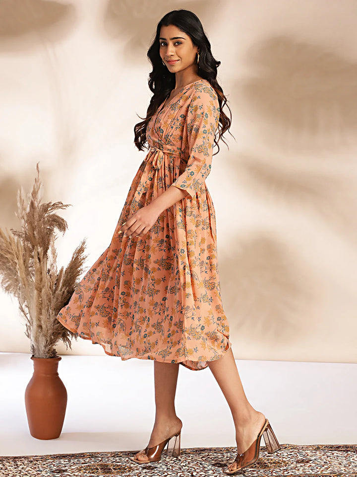 Peach Floral Fit & Flare Georgette Dress