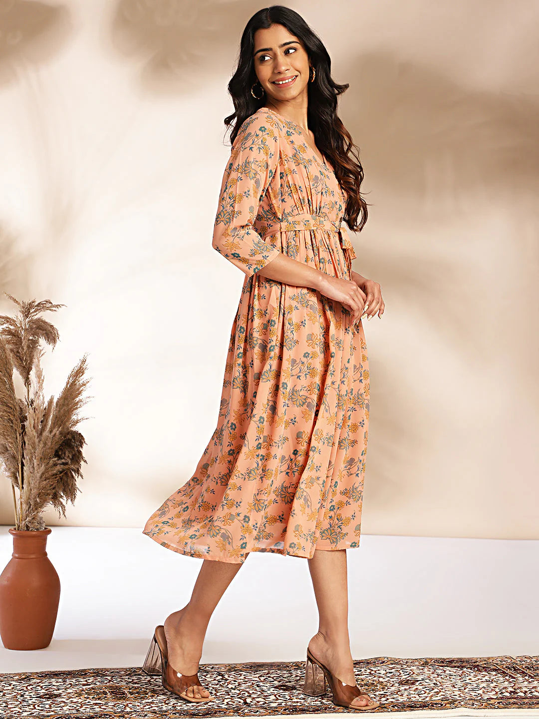 Peach Floral Fit & Flare Georgette Dress