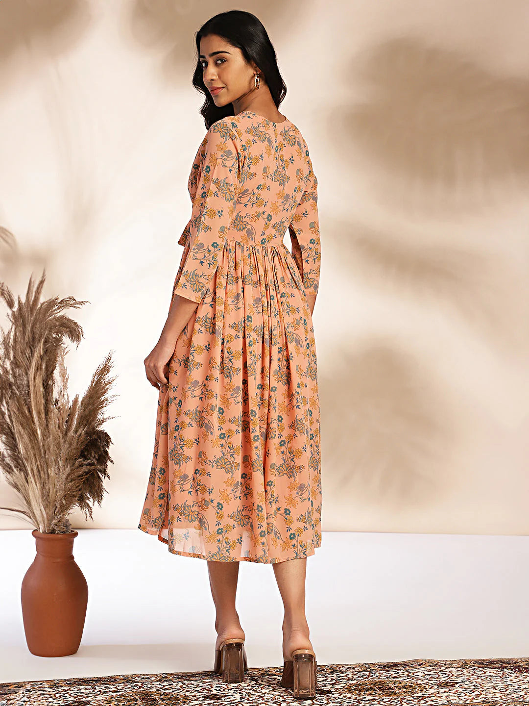 Peach Floral Fit & Flare Georgette Dress