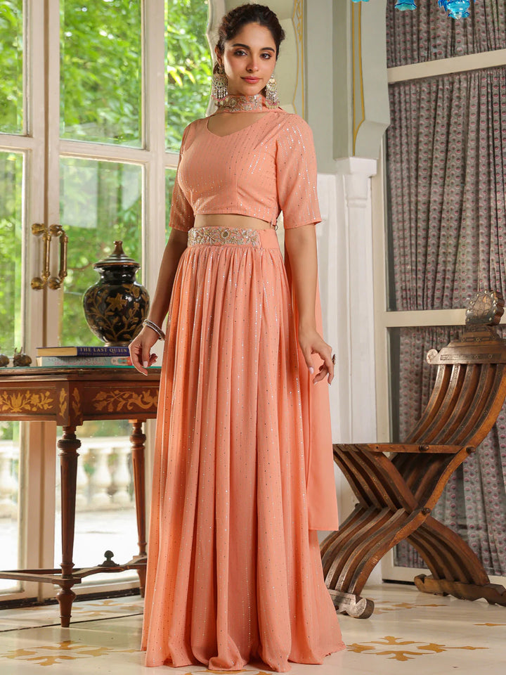 Peach Georgette Lehenga Choli Set with Foil Prints and Embellishments