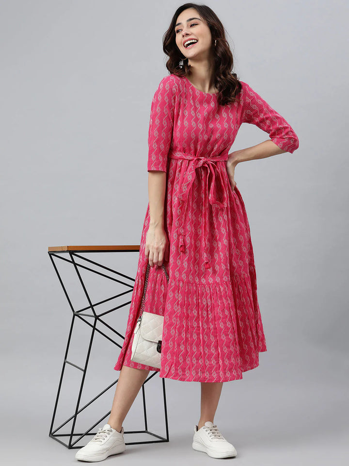 Pink Woven Design Tiered Cotton Western Dress