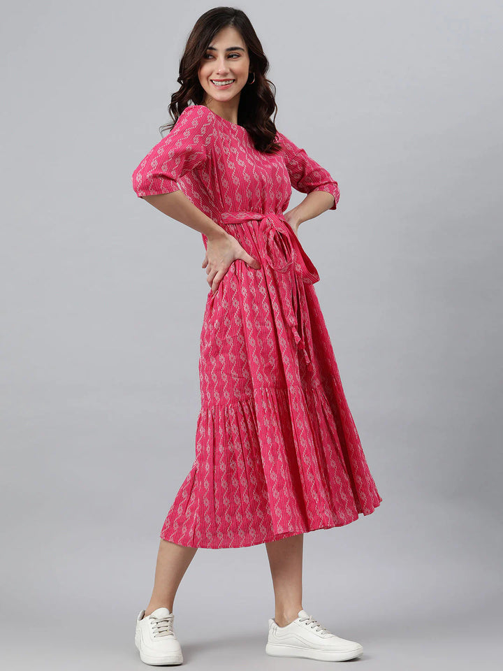 Pink Woven Design Tiered Cotton Western Dress