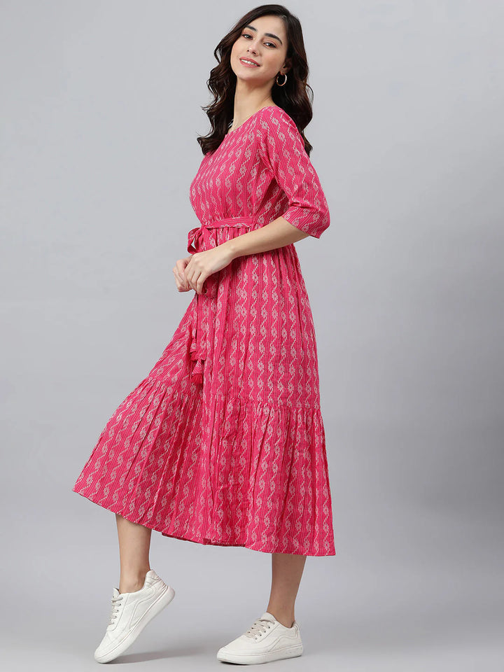 Pink Woven Design Tiered Cotton Western Dress