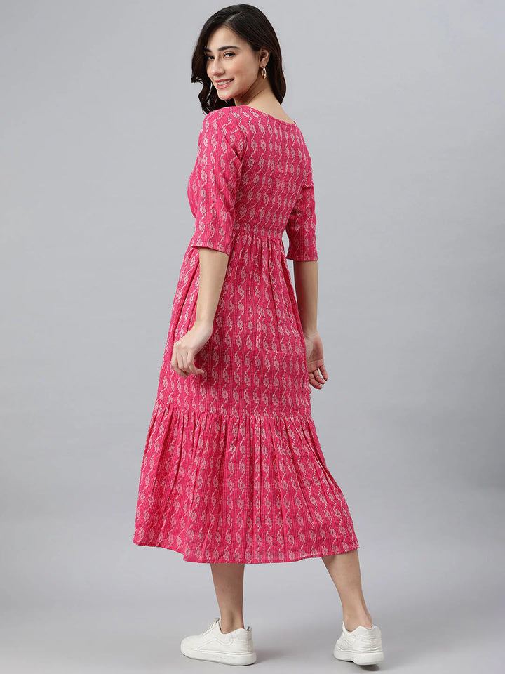 Pink Woven Design Tiered Cotton Western Dress