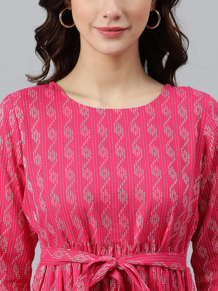 Pink Woven Design Tiered Cotton Western Dress