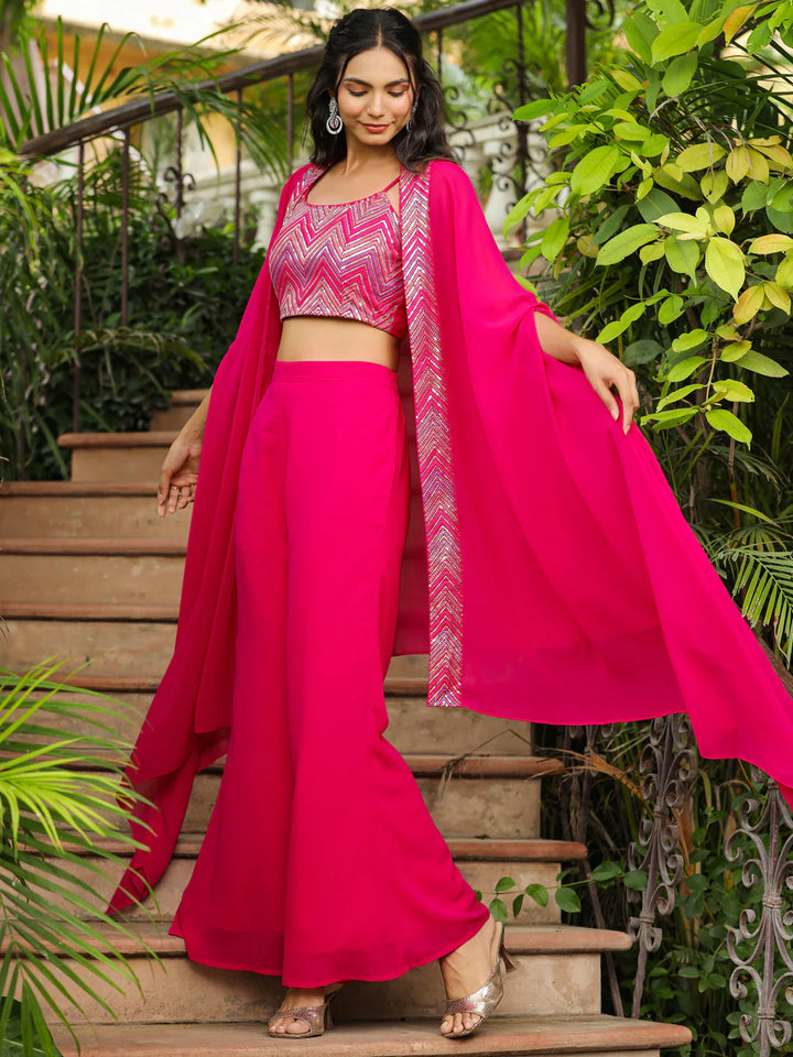 Pink Embroidered Georgette Top with Pant and Cape Set