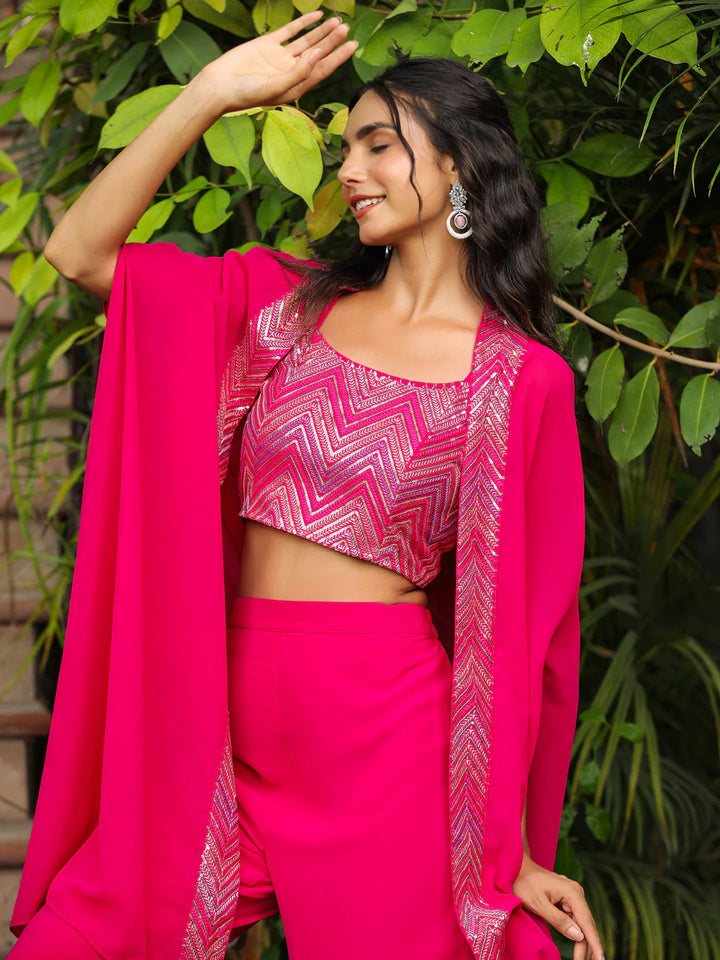 Pink Embroidered Georgette Top with Pant and Cape Set