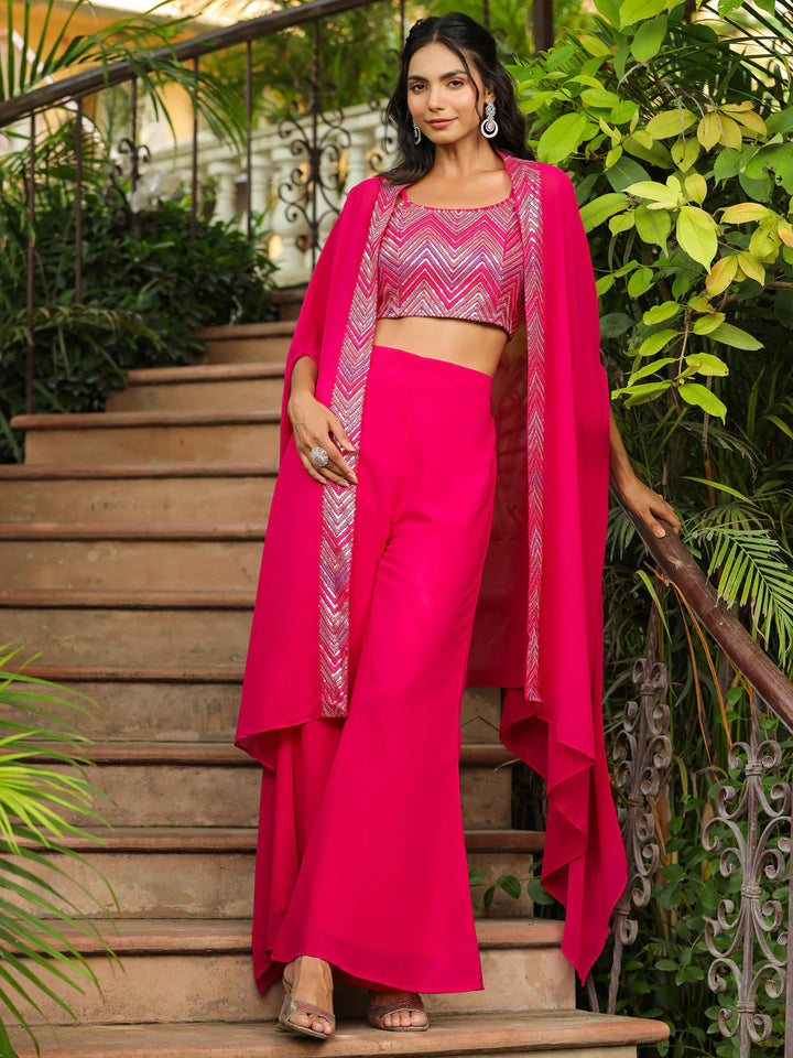 Pink Embroidered Georgette Top with Pant and Cape Set