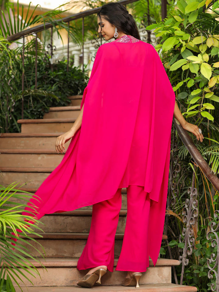 Pink Embroidered Georgette Top with Pant and Cape Set