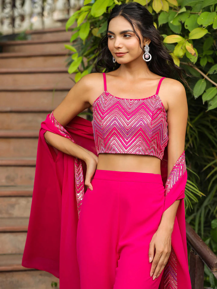 Pink Embroidered Georgette Top with Pant and Cape Set