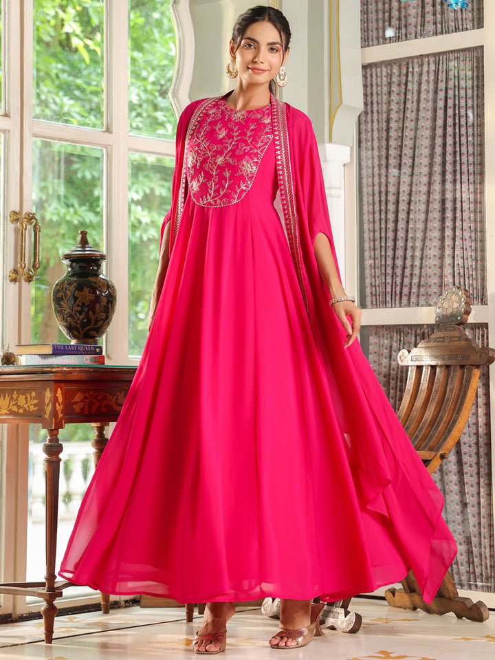  Pink Embroidered Cape with Georgette Anarkali Dress