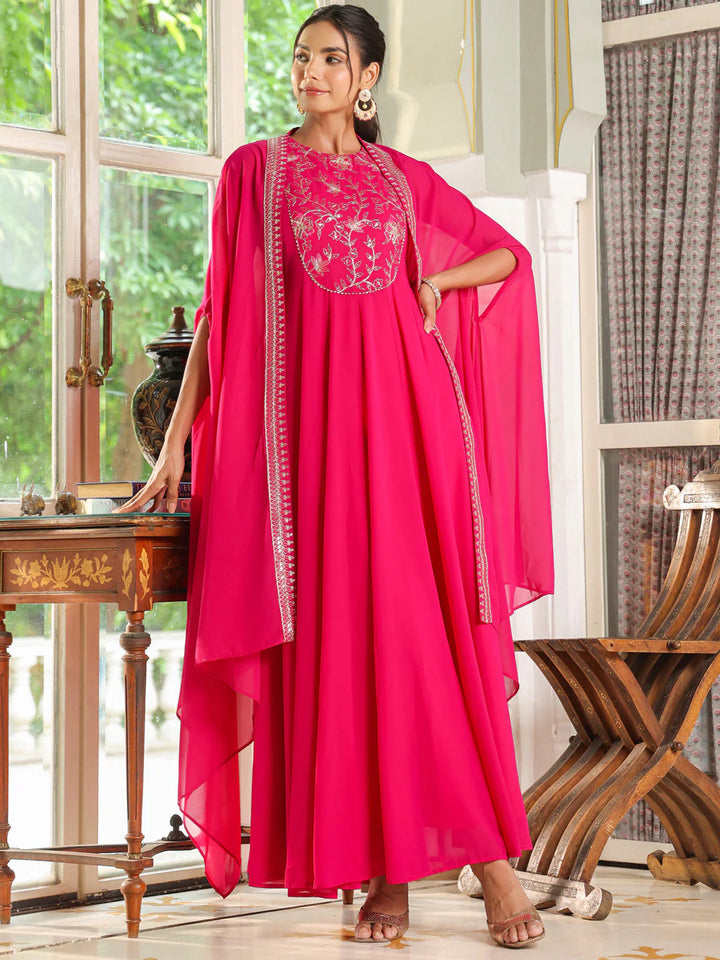  Pink Embroidered Cape with Georgette Anarkali Dress 01