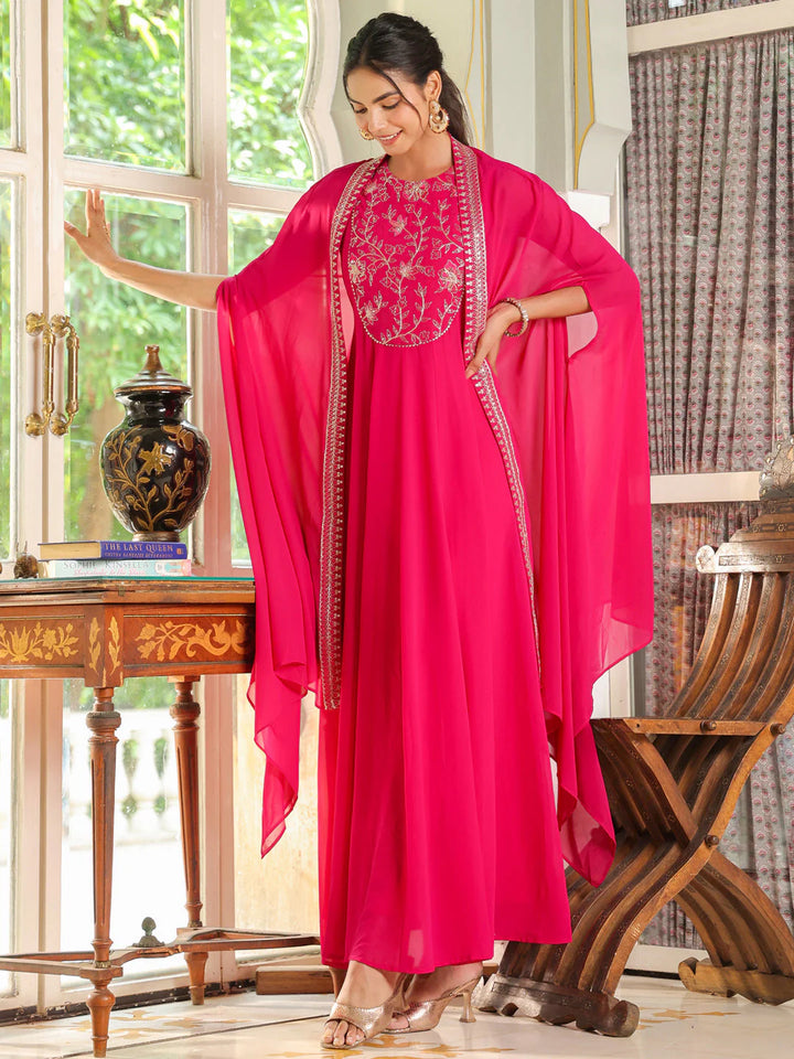  Pink Embroidered Cape with Georgette Anarkali Dress 02