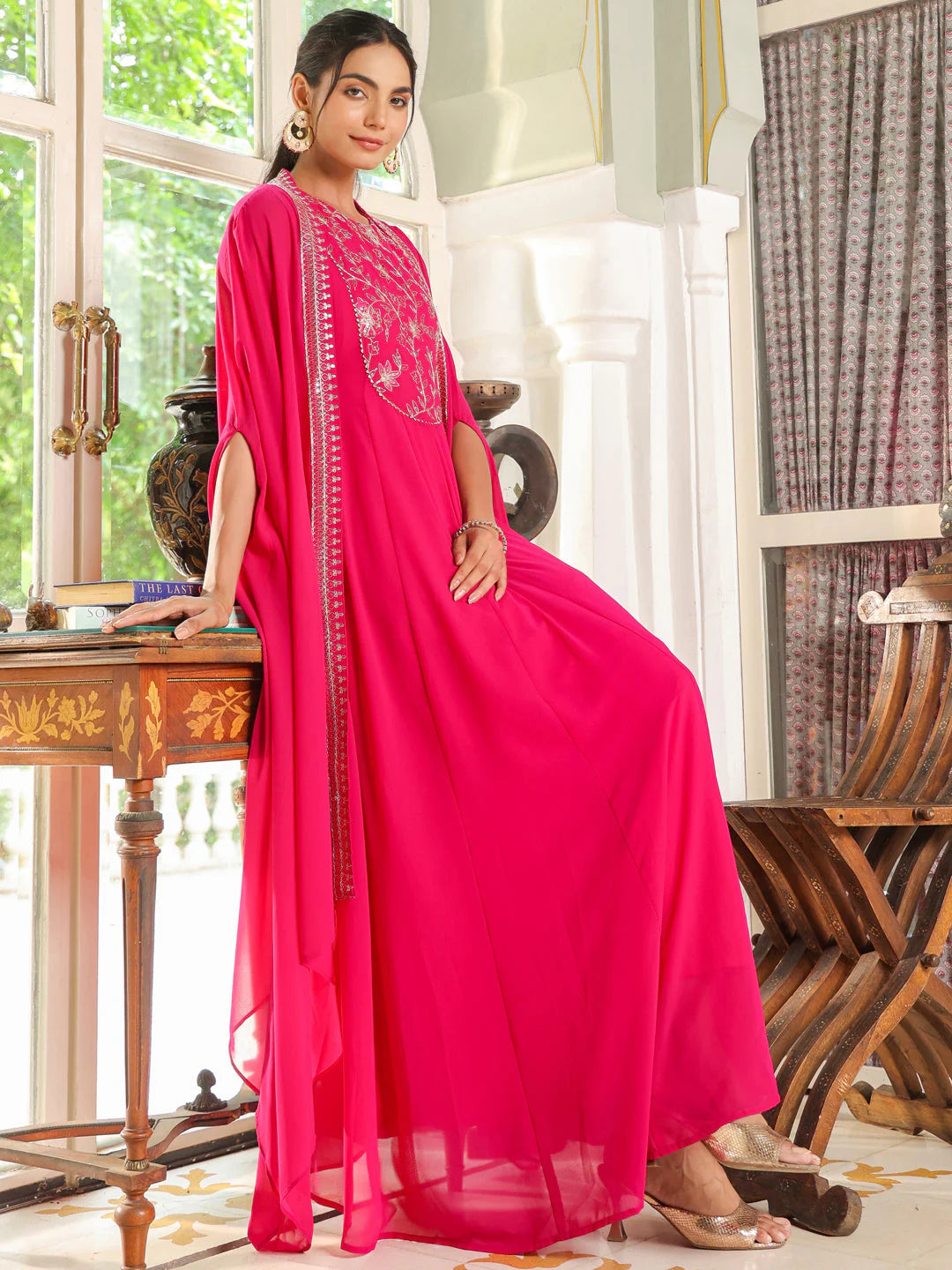  Pink Embroidered Cape with Georgette Anarkali Dress 03