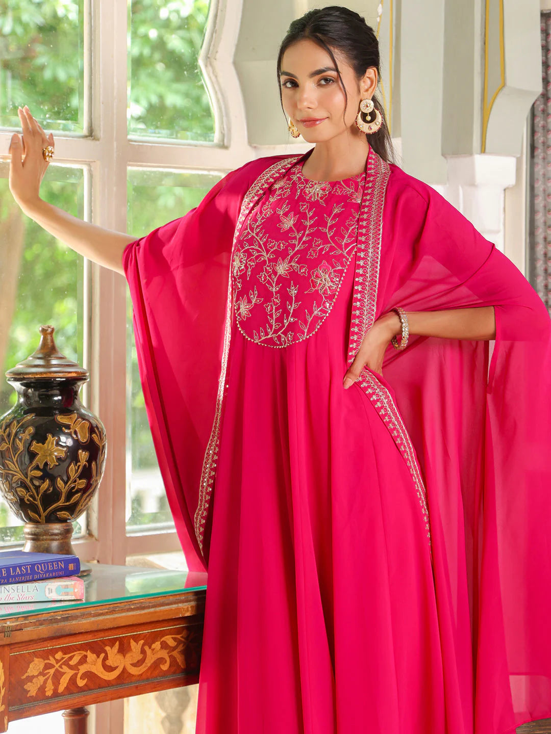  Pink Embroidered Cape with Georgette Anarkali Dress 07