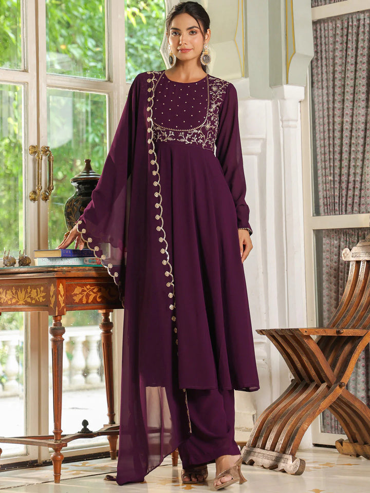 Purple Embroidered Georgette Anarkali Palazzo Set