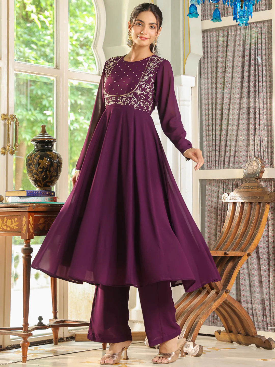 Purple Embroidered Georgette Anarkali Palazzo Set