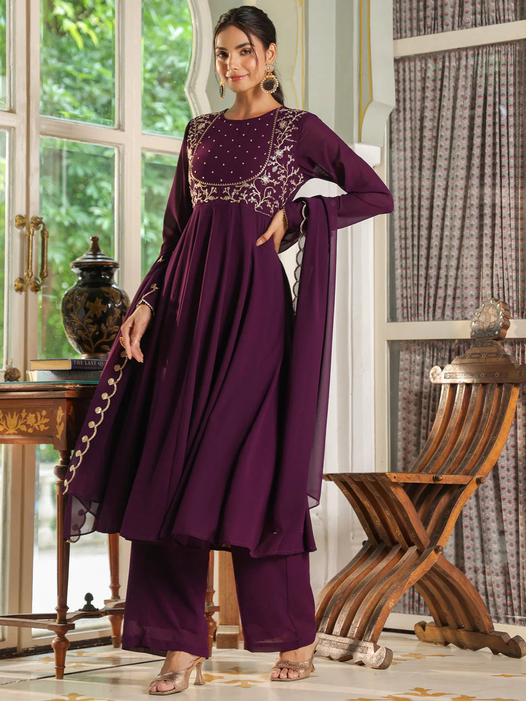 Purple Embroidered Georgette Anarkali Palazzo Set